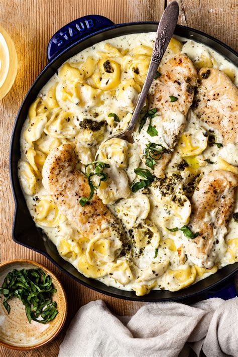 cheese-tortellini-with-chicken-and-creamy-pesto-sauce image