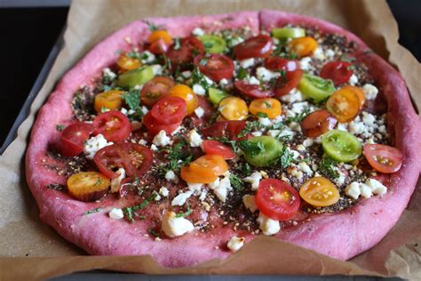 mediterranean-pizza-on-a-beet-crust-thyme image
