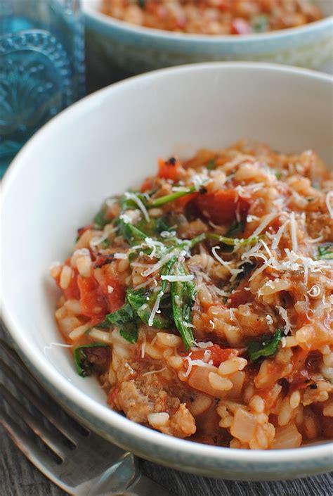 tomato-sausage-and-spinach-risotto-bev-cooks image
