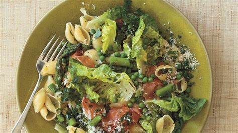 pasta-with-peas-asparagus-butter-lettuce-and-prosciutto image