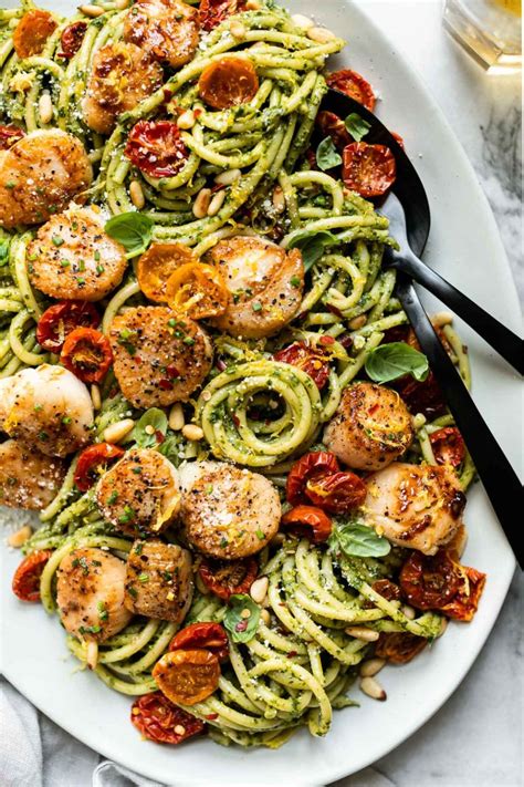 seared-scallop-pesto-pasta-with-pine-nuts-roasted image