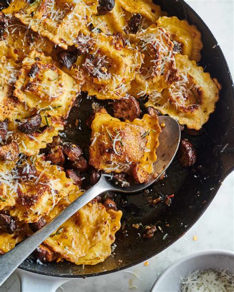 crispy-skillet-ravioli-with-garlic-butter-mushrooms-kitchn image