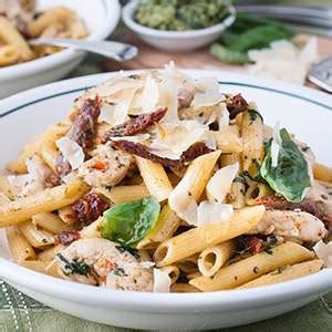 quick-pesto-chicken-pasta-with-sun-dried-tomatoes image