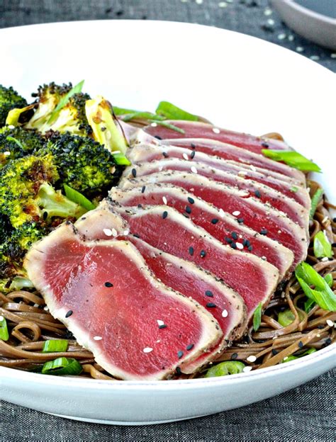 seared-tuna-with-soba-noodles-and-sesame-roasted-broccoli image