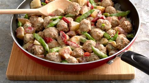 creamy-meatball-and-garden-vegetable-skillet image