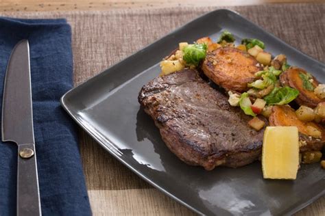 recipe-seared-steaks-with-warm-sweet-potato-brussels image