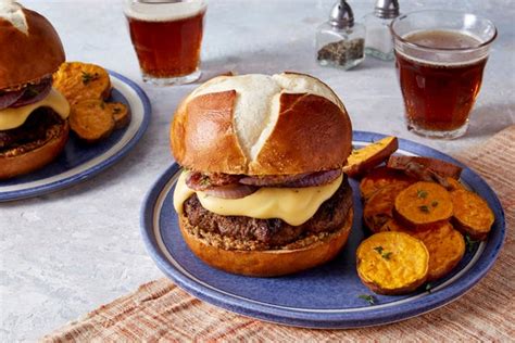 pretzel-burgers-cheddar-cheese-sauce-blue-apron image