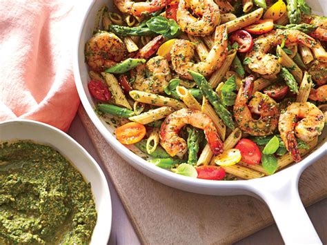 spinach-pesto-pasta-with-shrimp-recipe-cooking-light image