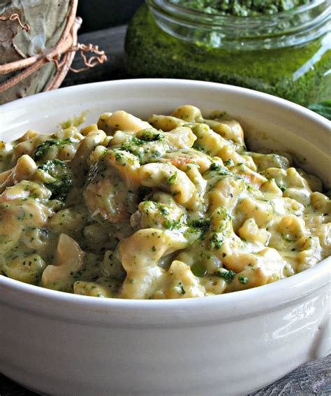pesto-mac-and-cheese-with-chicken-a-gouda-life image