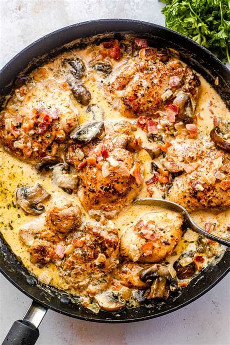 creamy-garlic-bacon-chicken-thighs-recipe-diethood image