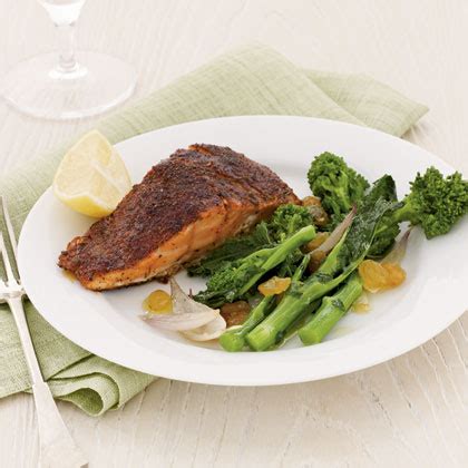 blackened-salmon-with-broccoli-rabe-and-raisins image