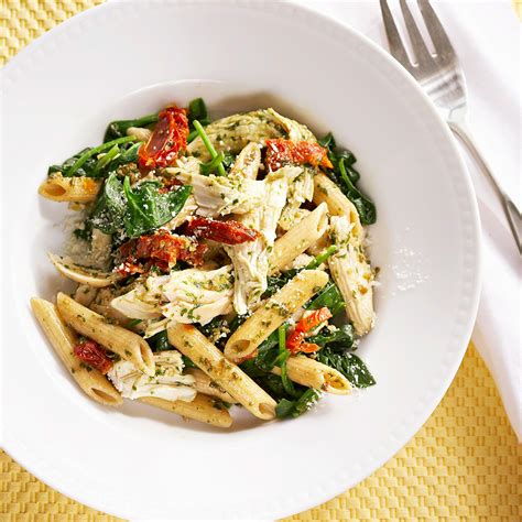 lemon-garlic-chicken-penne-with-pesto-and-spinach image