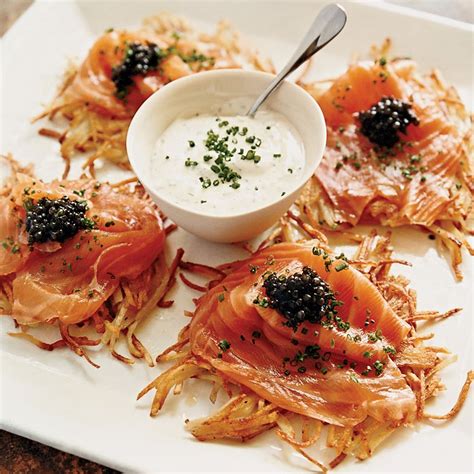 potato-pancakes-with-smoked-salmon-caviar-and-dill image