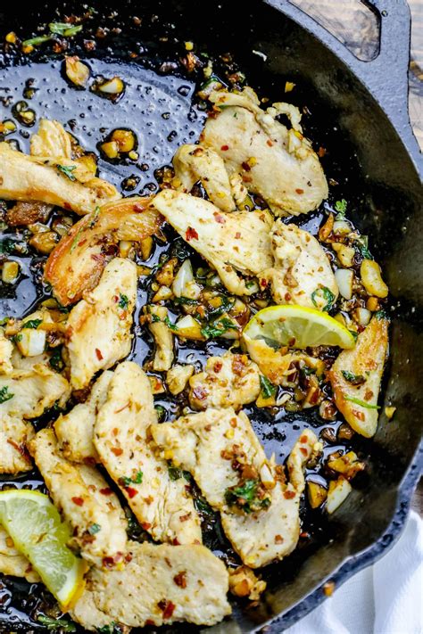 spicy-lemon-and-garlic-pan-fried-chicken-strips-skillet image