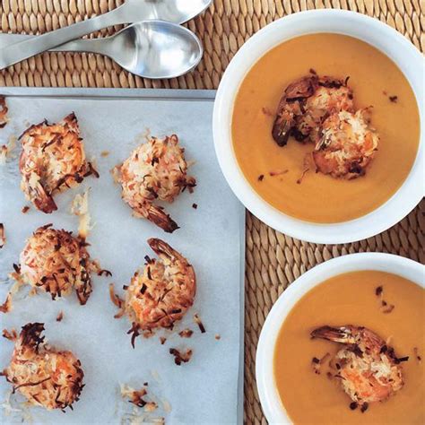 carrot-ginger-soup-with-coconut-roasted-shrimp image