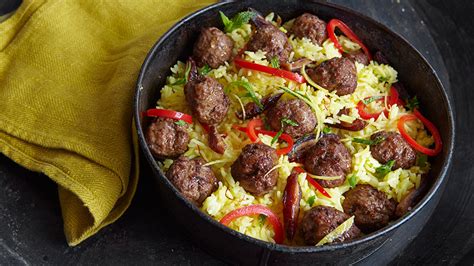 saffron-rice-pilaf-with-lamb-meatballs-red-peppers-and image