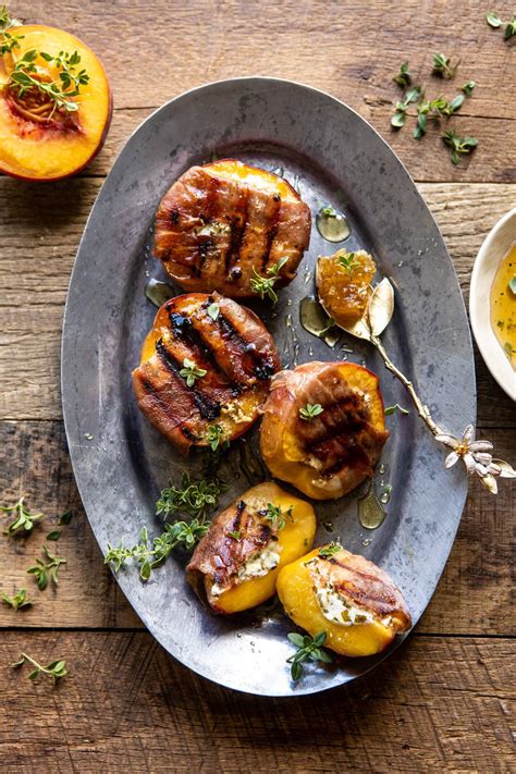 prosciutto-goat-cheese-stuffed-peaches-with-thyme-honey image