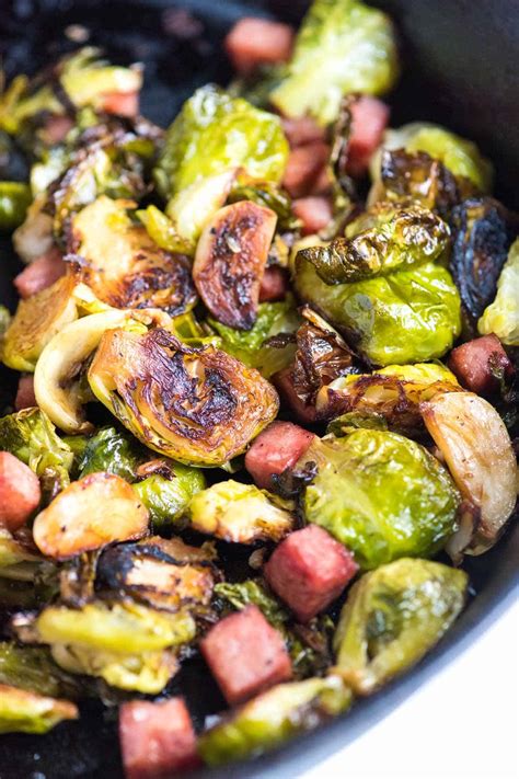 garlic-roasted-brussels-sprouts-with-ham-inspiredtastenet image