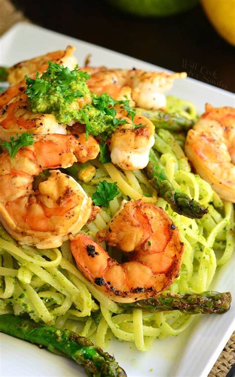lemon-pistachio-pesto-pasta-with-shrimp-and-asparagus image
