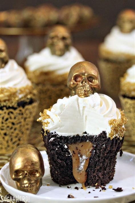 caramel-stuffed-chocolate-cupcakes-with-caramel-skulls image