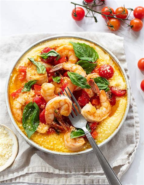 tomato-basil-shrimp-and-polenta-familystyle-food image