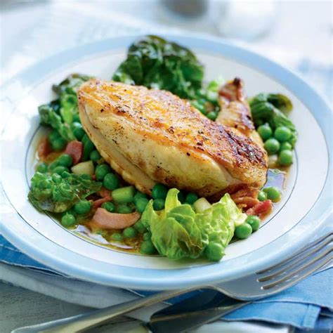 pan-fried-chicken-with-peas-bacon-and-lettuce image