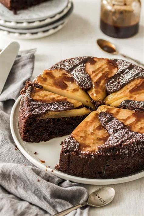 flourless-chocolate-pear-upside-down-cake-sugar-salt image