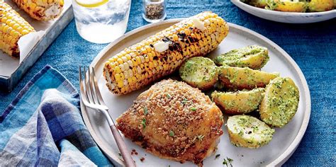 crispy-chicken-thighs-spinach-pea-potato-salad image