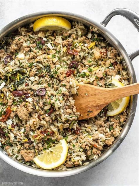 greek-turkey-and-rice-skillet-one-pot-meal-budget-bytes image