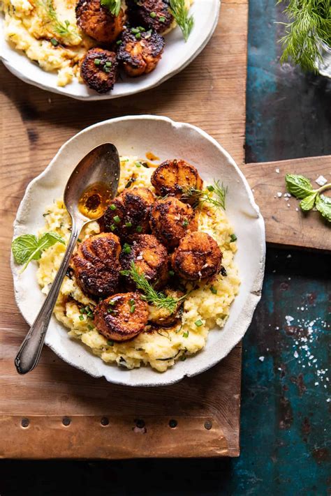 honey-butter-blackened-scallops-with-herby-polenta image