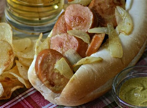 pub-style-german-mustard-beer-sausages-with-onions image