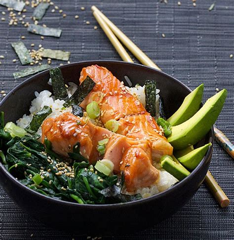 teriyaki-salmon-rice-bowl-with-spinach-and-avocado image