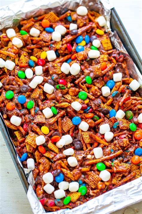 chocolate-peanut-butter-chex-mix-bars-averie-cooks image