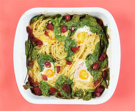 hot-from-the-oven-baked-egg-pasta-florentine-food image