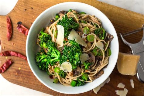 gluten-free-spaghetti-with-baby-broccoli-mushrooms image