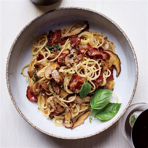 spaghettini-with-warm-bacon-mushroom-vinaigrette image