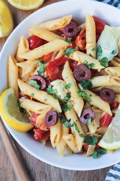 mediterranean-pasta-w-roasted-peppers-artichokes image