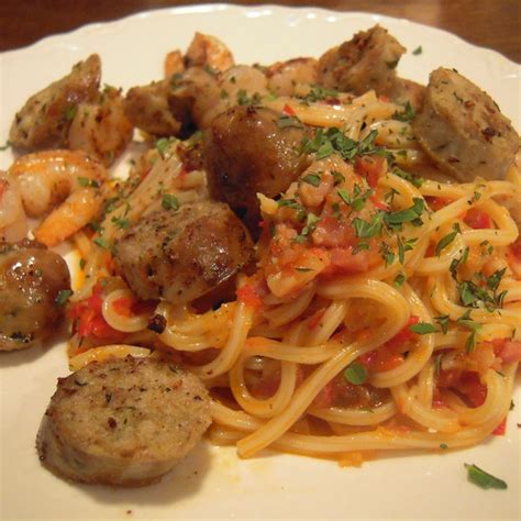 pasta-with-red-pepper-sauce-sausage-and-shrimp image