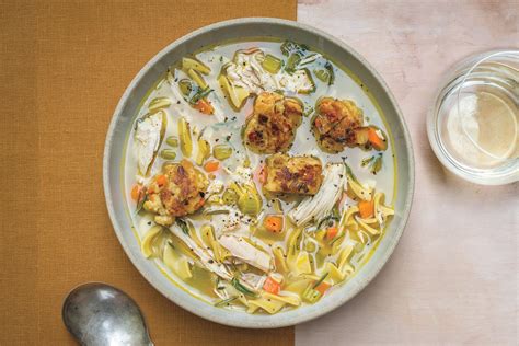 turkey-noodle-soup-with-crispy-stuffing-croutons image