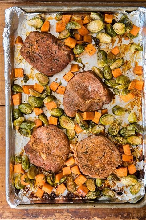 spicy-baked-pork-chops-with-brussels-sprouts-sweet image