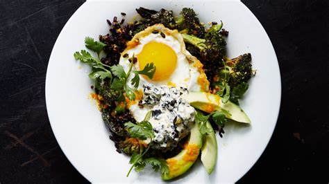 stir-fried-black-rice-with-fried-egg-and-roasted-broccoli image