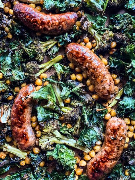 sheet-pan-sausages-with-broccoli-chickpeas-kale image