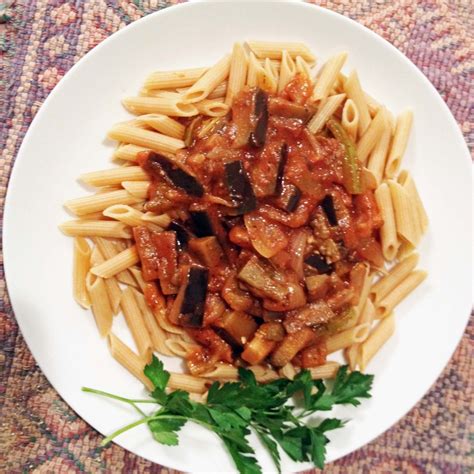 eggplant-pasta-sauce-on-penne-versatile-foodie image