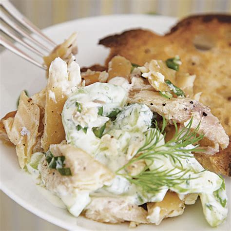 smoked-trout-salad-with-creamy-cucumbers-scallions image