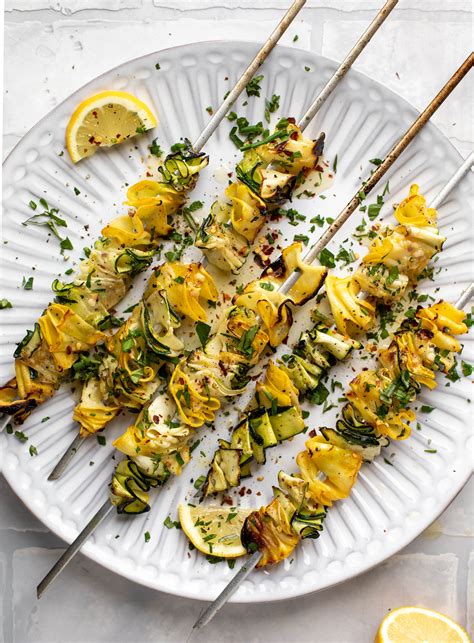 zucchini-ribbon-skewers-with-spicy-lemon-garlic-butter image