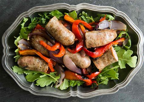 grilled-italian-sausage-with-peppers-onions-and-arugula image