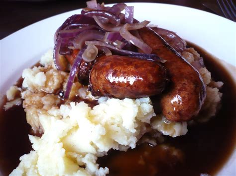 bangers-and-mash-with-onion-gravy-recipe-food image