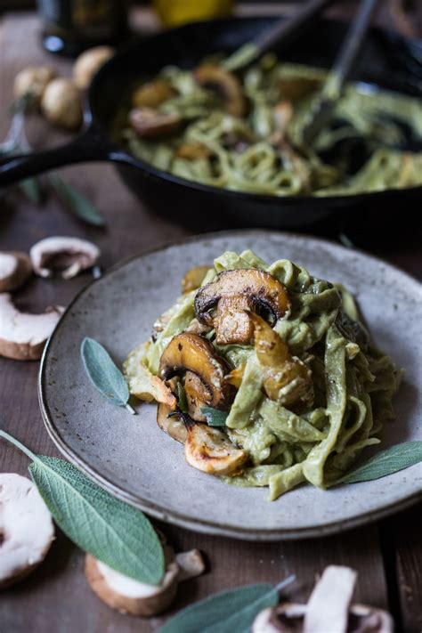 pasta-with-creamy-vegan-artichoke-sauce-mushrooms image