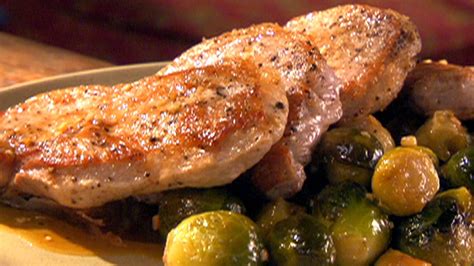 maple-glazed-pork-chops-with-brussels-sprouts-food image