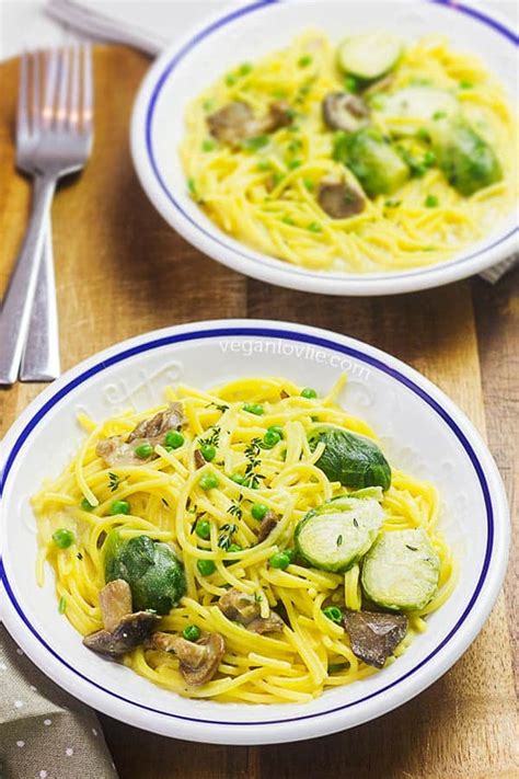 creamy-spaghetti-with-brussels-sprouts-marinated-mushrooms image